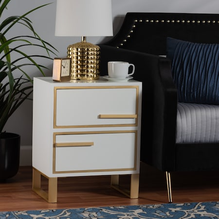 Baxton Studio Giolla Contemporary Glam and Luxe White Finished Wood and Gold Metal 2Drawer Nightstand 220-12455-ZORO